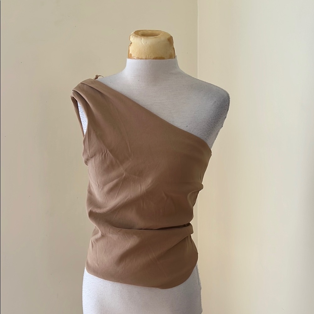 New! Zara medium One-Shoulder ruched side Tan Top.